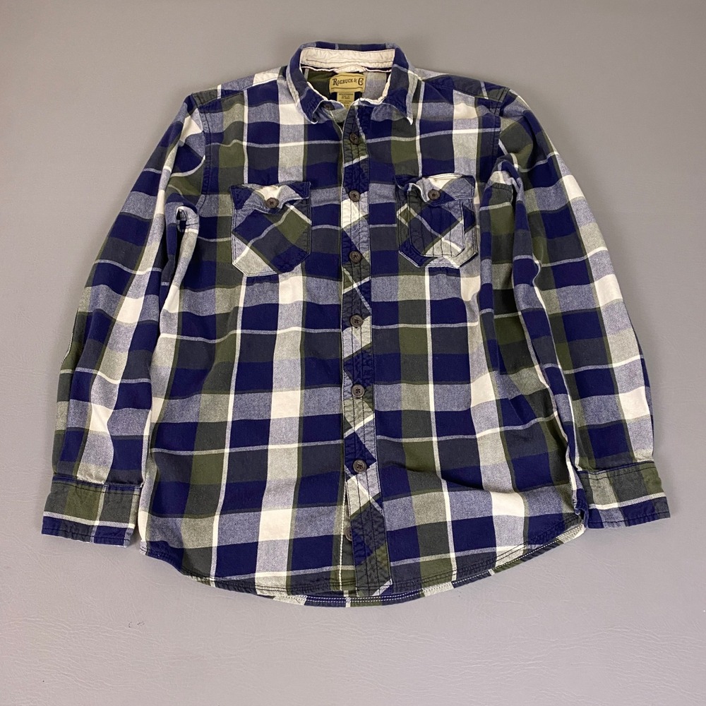 Roebuck & Co Flannel Shirt Men's Size Medium Blue Green Plaid Cotton Button Up